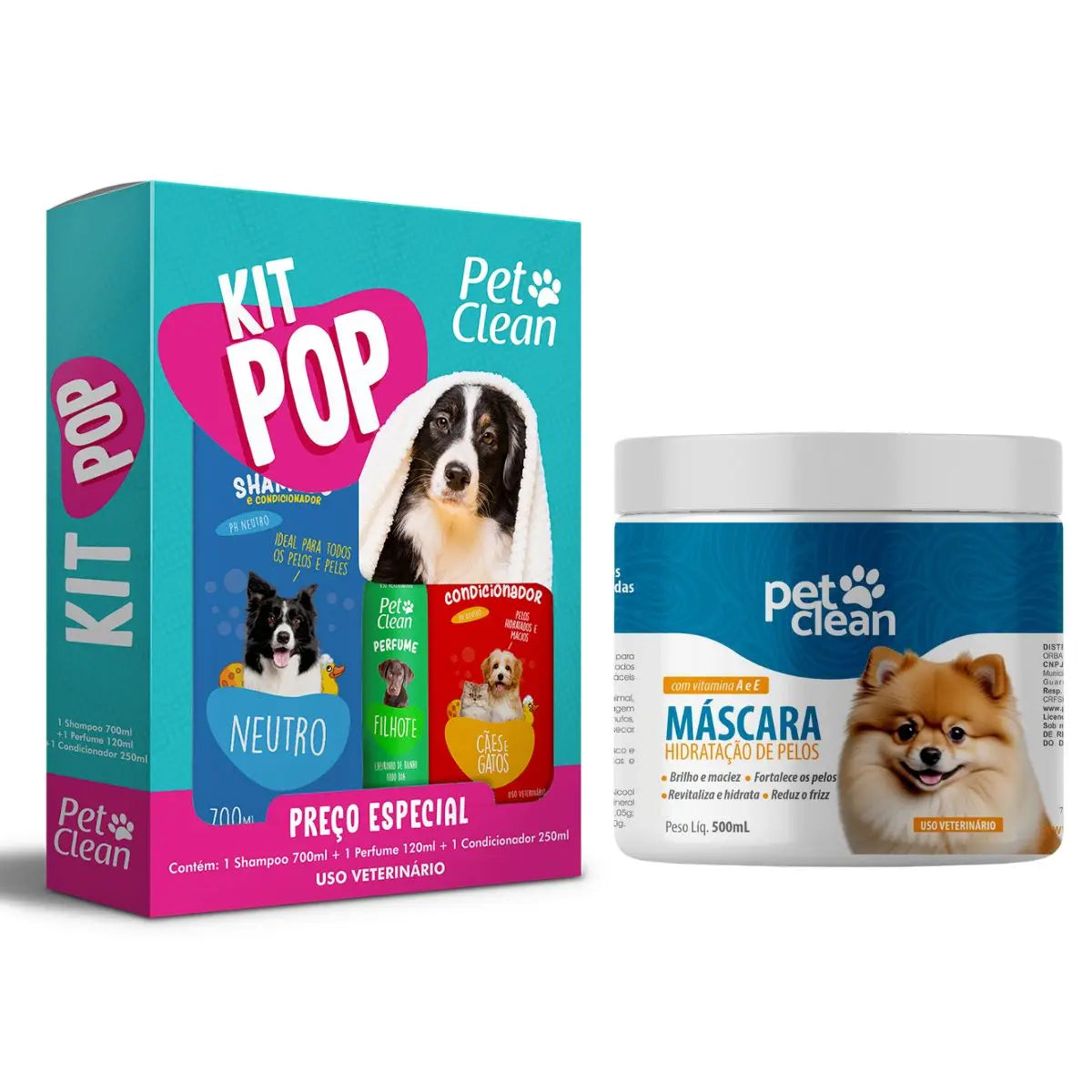 Kit Banho Pet 4 em 1 – Shampoo 700ml, Condicionador 250ml, Máscara Hidratante 500g e Perfume 120ml | Cães e Gatos