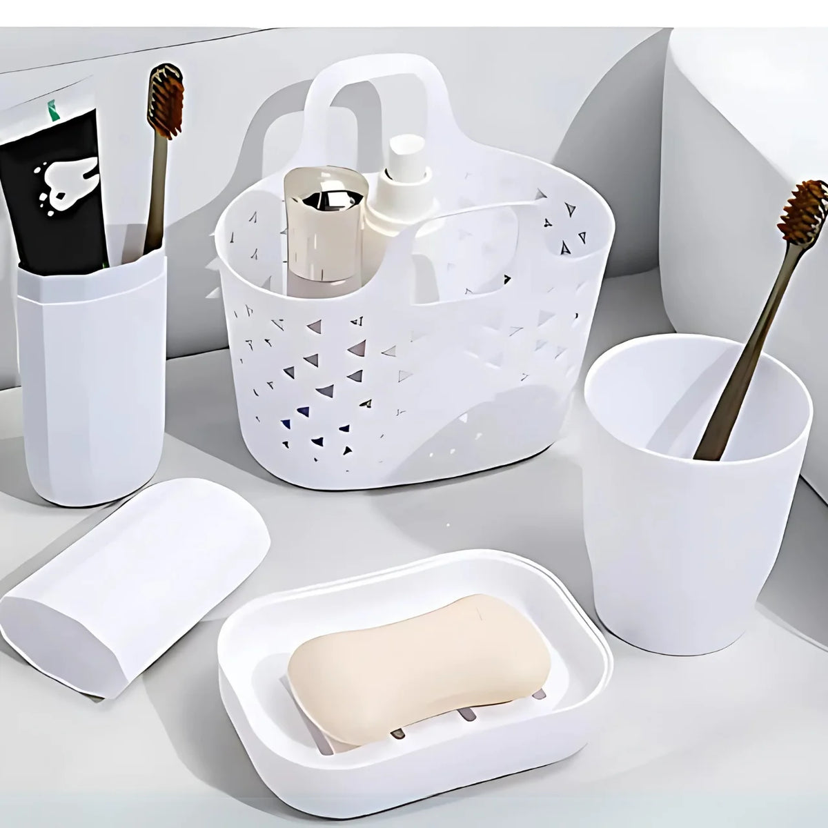 Kit de Higiene Pessoal 4 em 1 para Banheiro – Porta-Escova, Copo, Saboneteira e Cesto Organizador