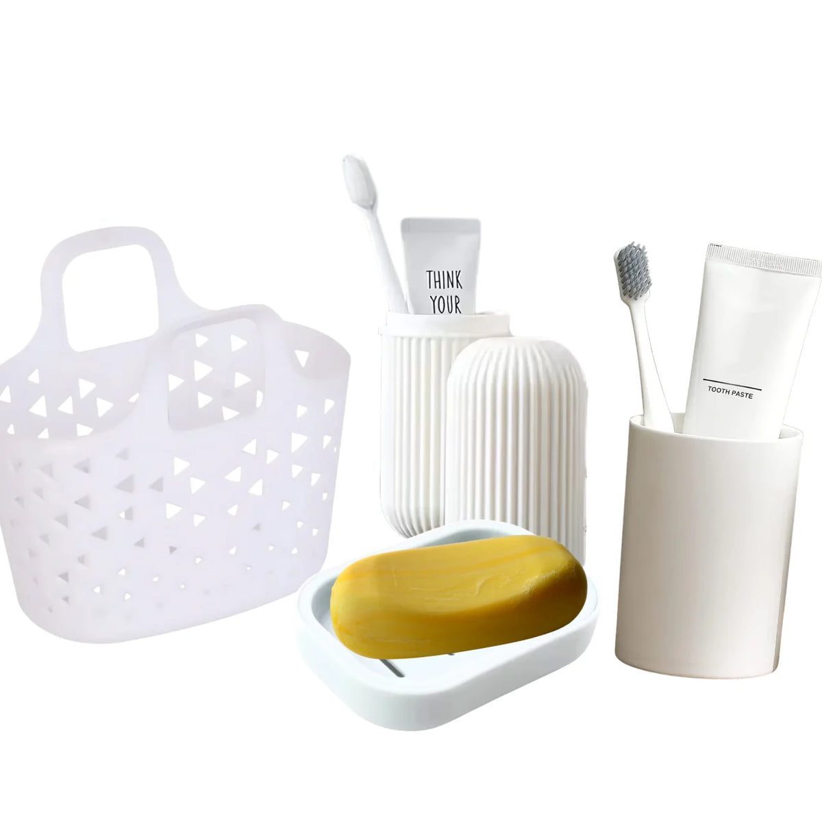 Kit de Higiene Pessoal 4 em 1 para Banheiro – Porta-Escova, Copo, Saboneteira e Cesto Organizador