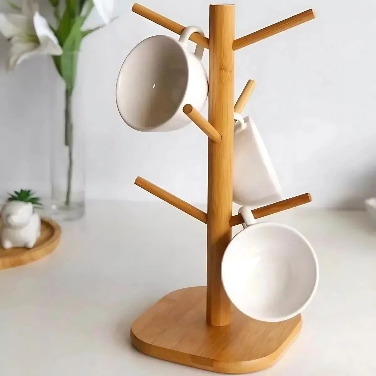 Suporte para Xícaras em Bambu com 6 Hastes – Organização e Charme Natural para sua Cozinha