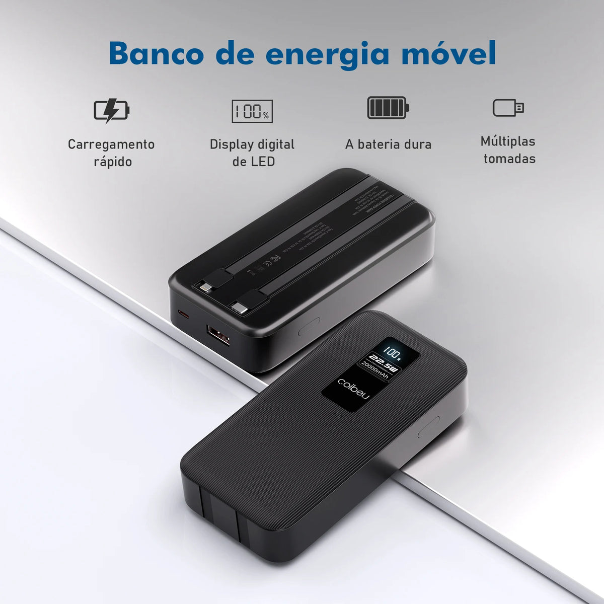 Power Bank 20000mAh COIBEU – Carregador Portátil com Display Digital, Carga Rápida USB/Type-C e Lanterna LED